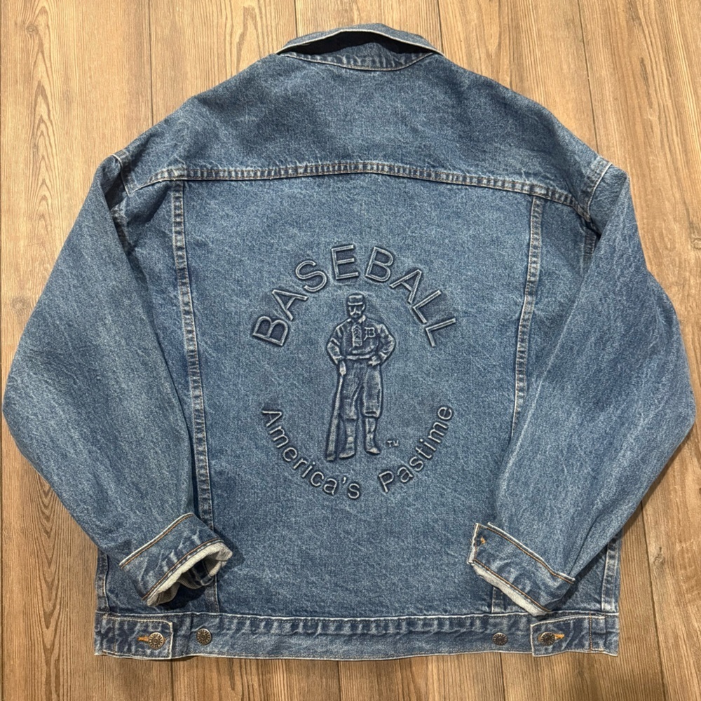 Vintage USA Made Denim Trucker Jacket Basel America’s Pastime Embroidered Back L